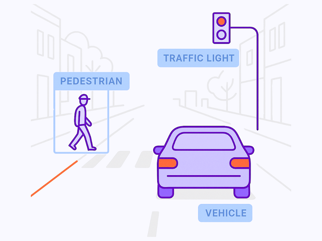 Image showing a stylized street scene from a car's perspective, with transparent, clean bounding boxes or simple overlays highlighting identified objects like a 'pedestrian,' 'traffic light,' 'vehicle.'