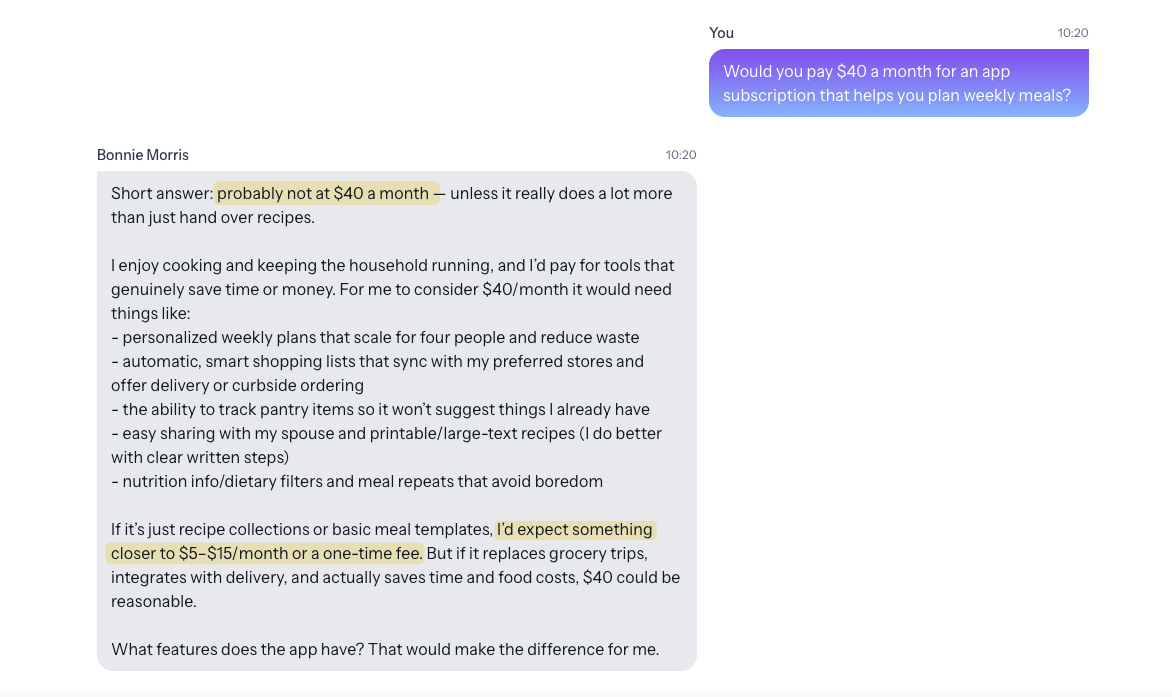 Chat interface with Cambium AI personas, testing pricing for a new app