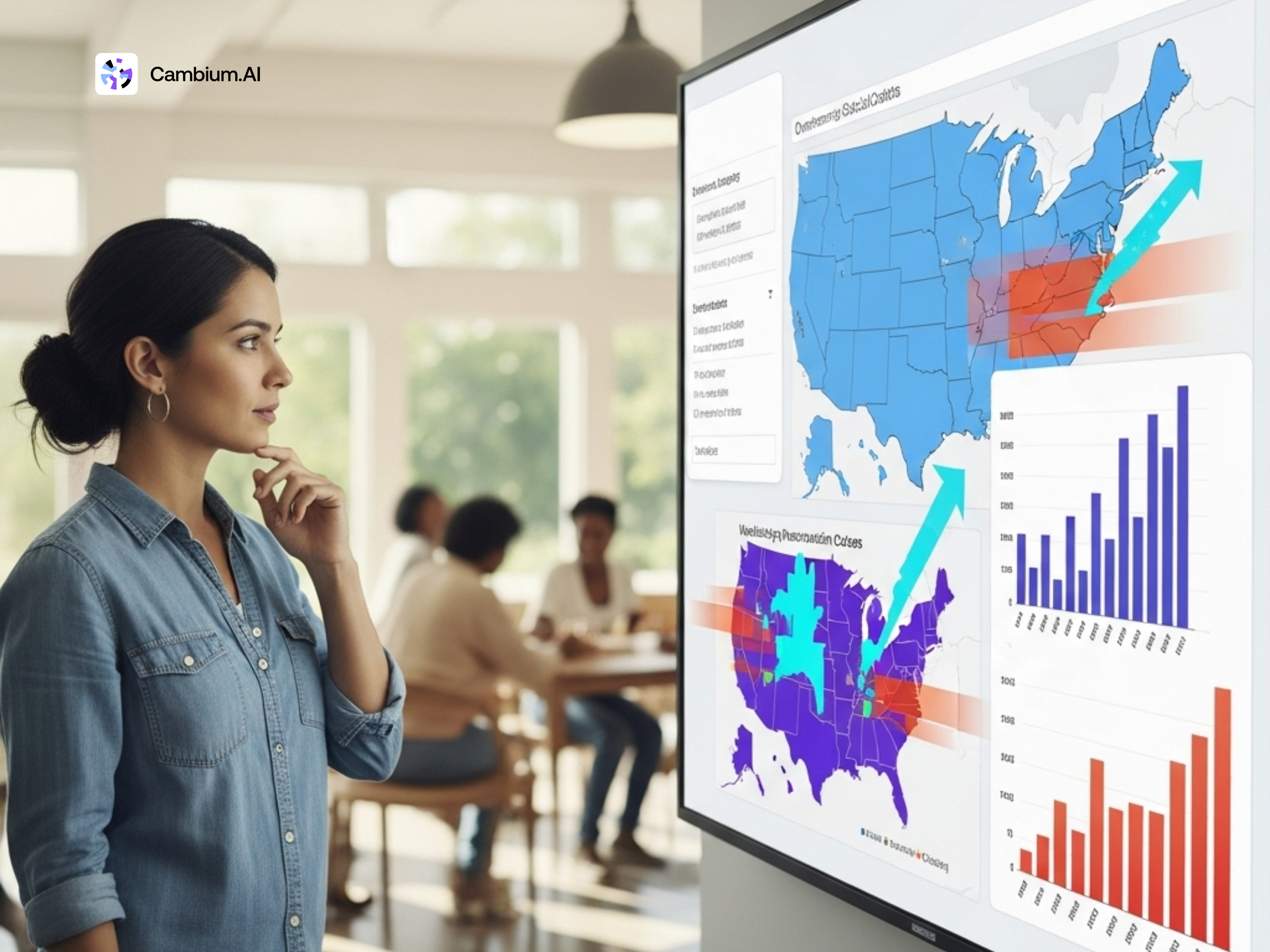 A woman looking at some dashboards of data including a US map