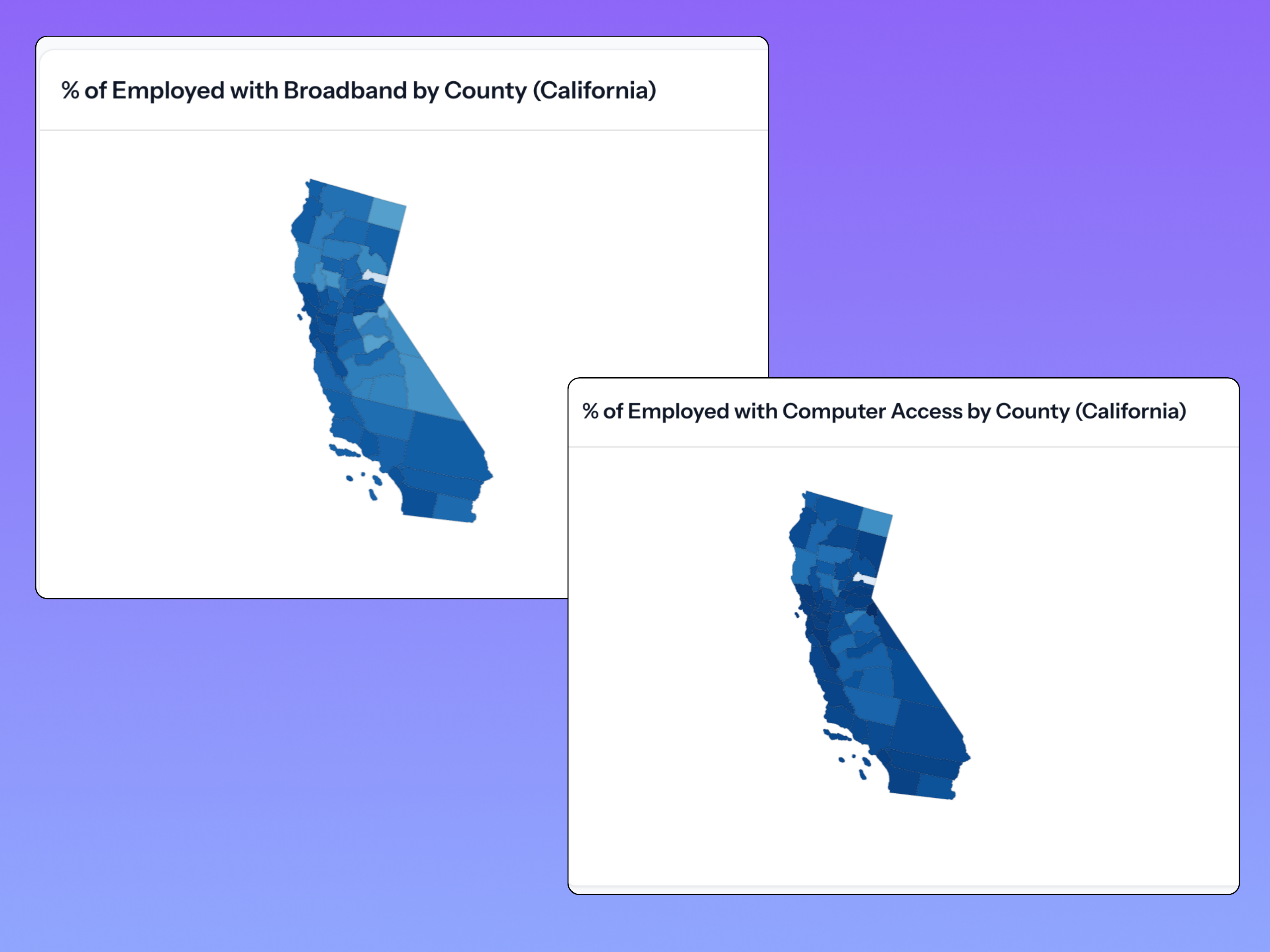 Map charts showing heat maps of where the employed population have broadband and computer access