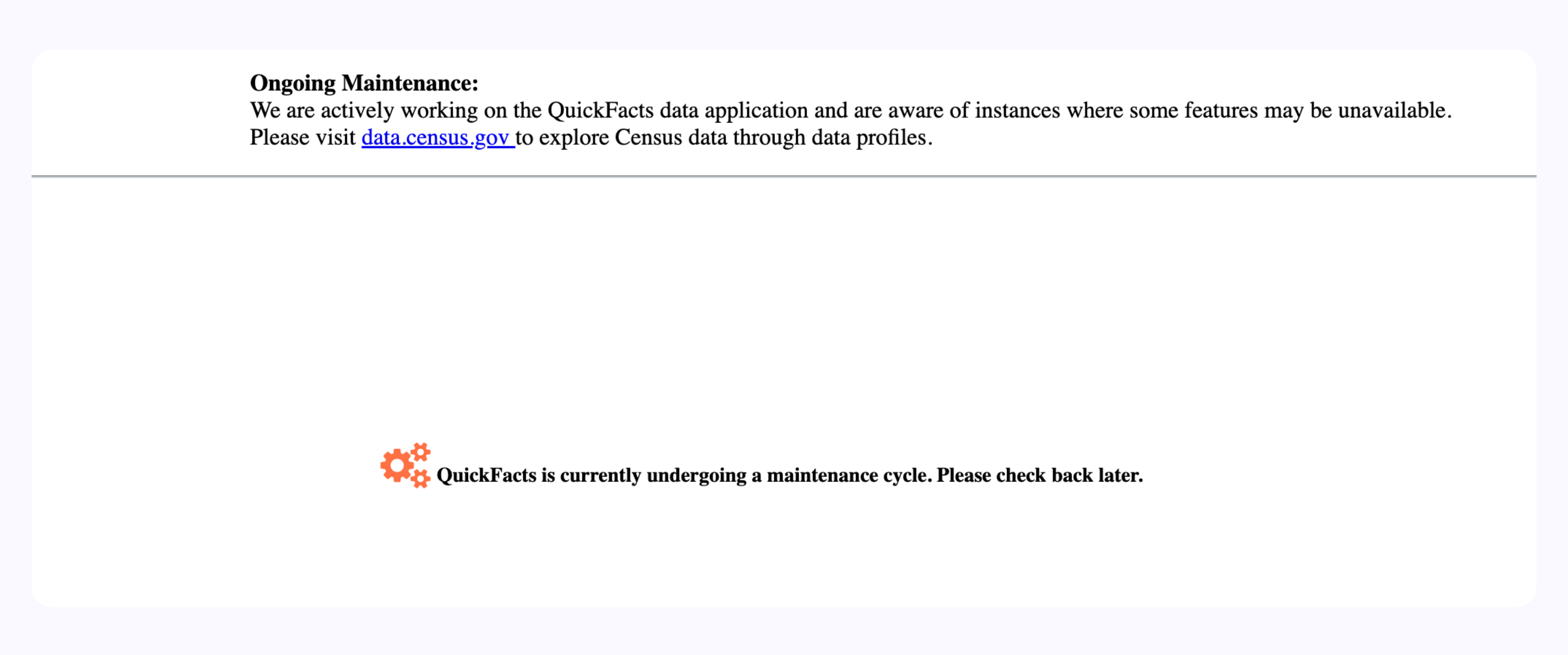 Census QuickFacts Down Message