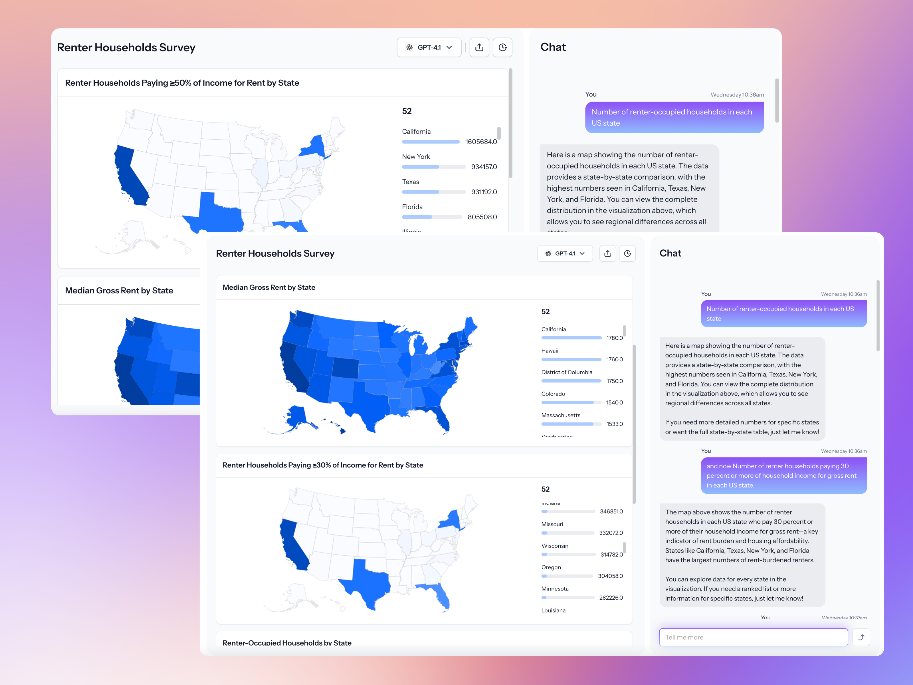 Cambium AI interface showing map charts and a chat with the LLM