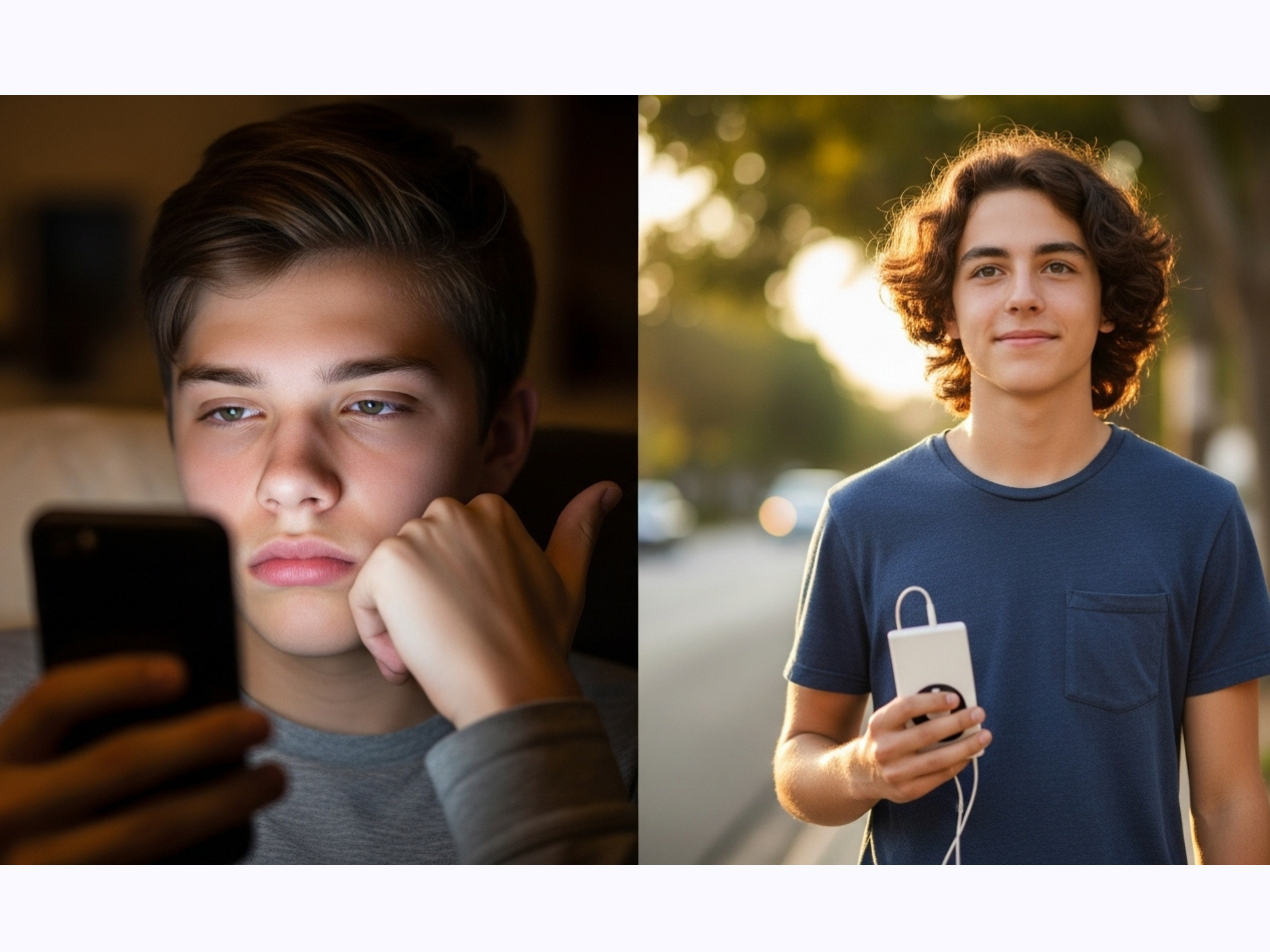 Two images of a boy using a phone vs using an iPod