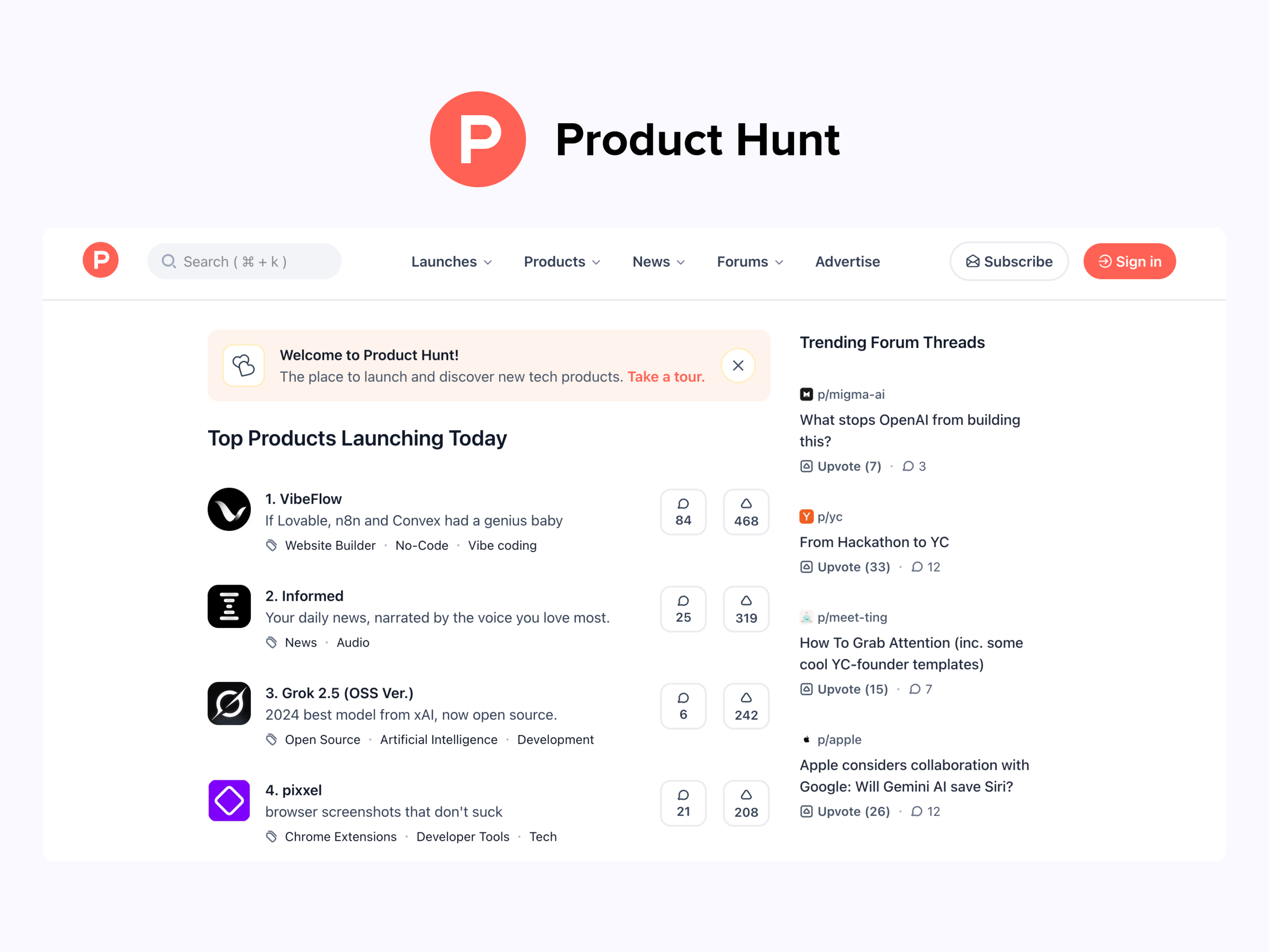 Product Hunt homepage and logo