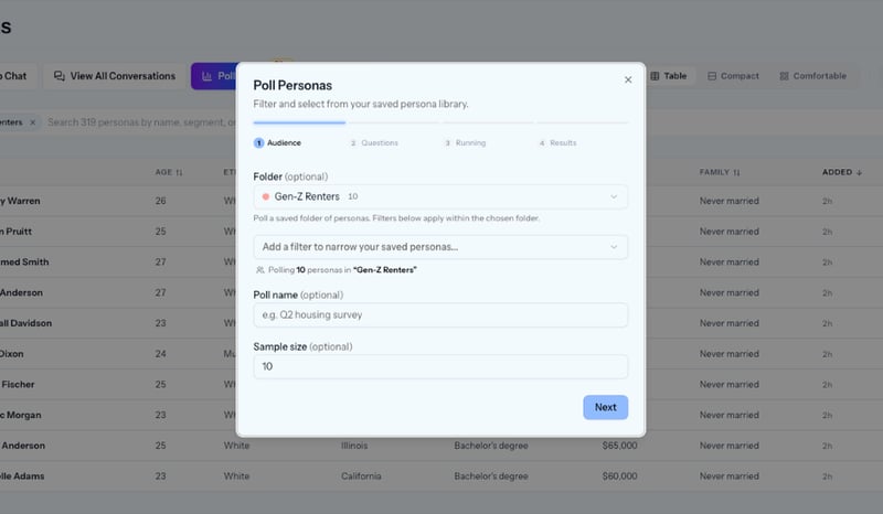 Poll your AI personas by audience in Cambium AI