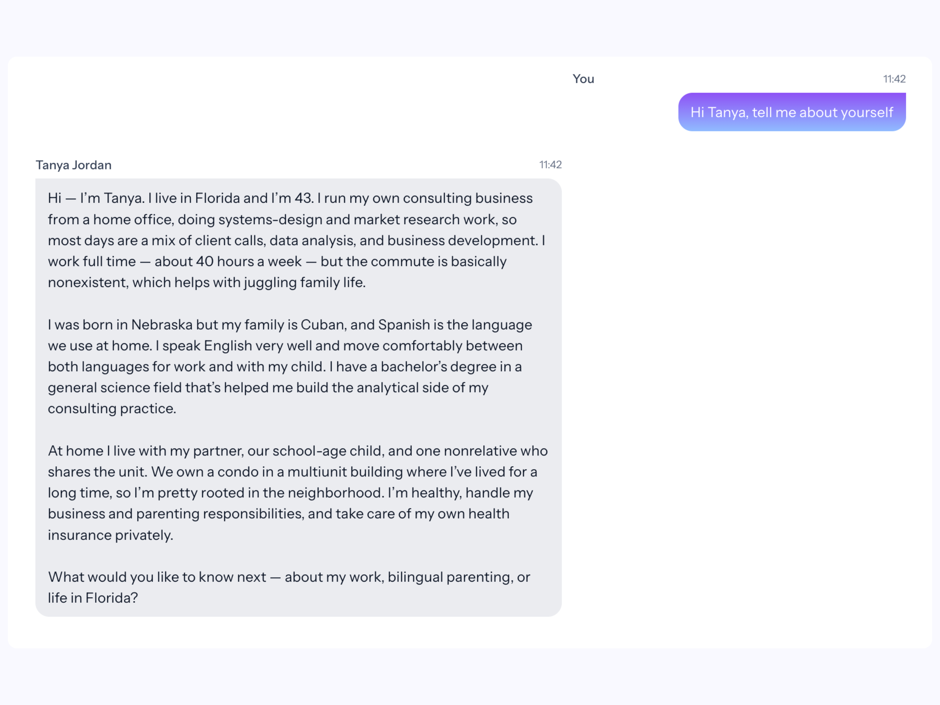 Chat interface between a user and Cambium AI personas, Tanya