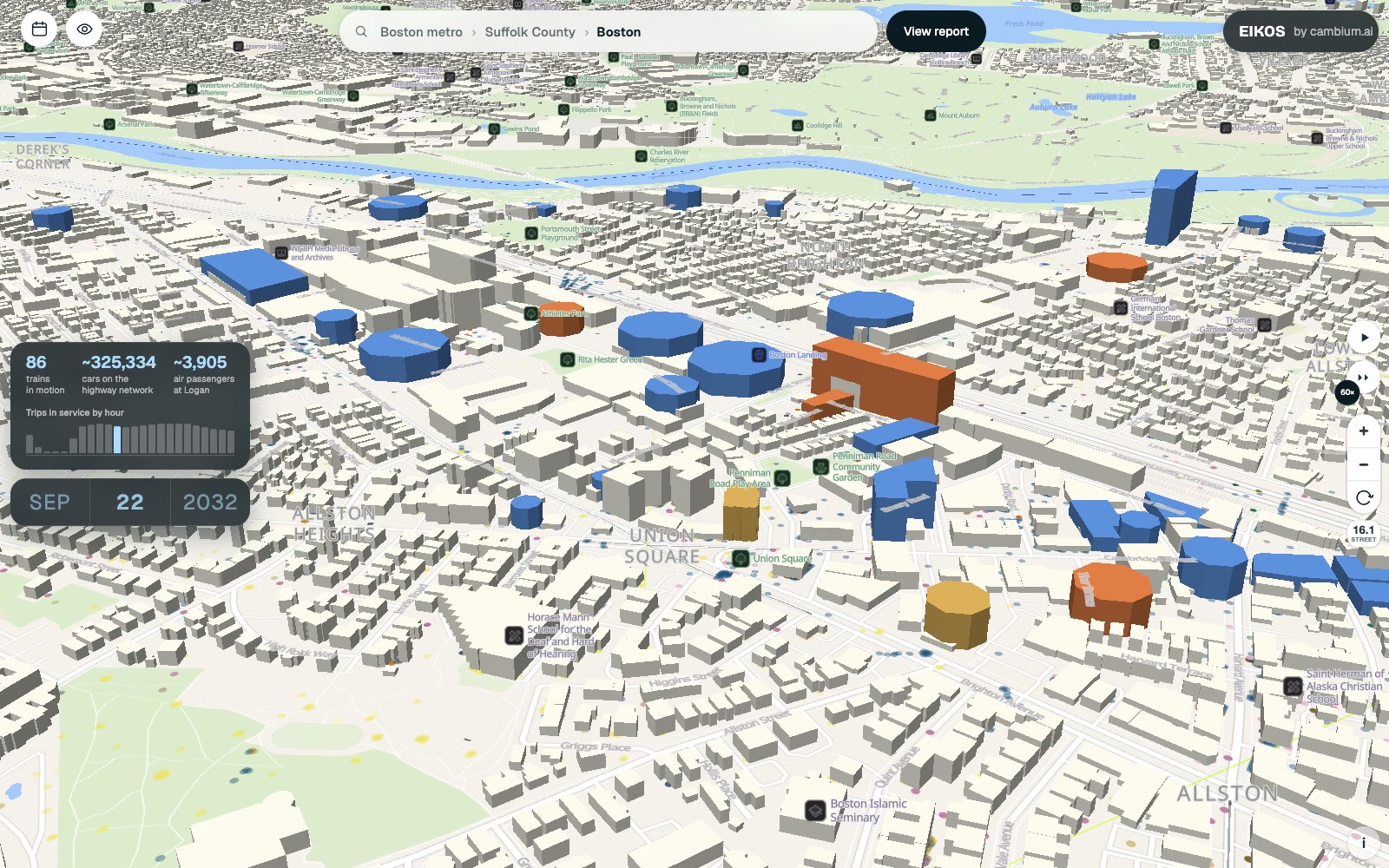 Allston in Boston in EIKOS with the year set to 2032: around Union Square and Cambridge Street, the buildings in the development pipeline stand among today’s city, with the Charles River behind