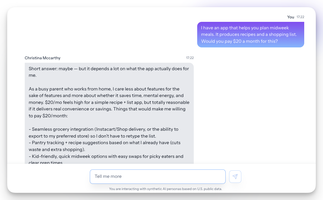 a chat interface with messages asking a persona if they would pay a specific price for an app they are building 