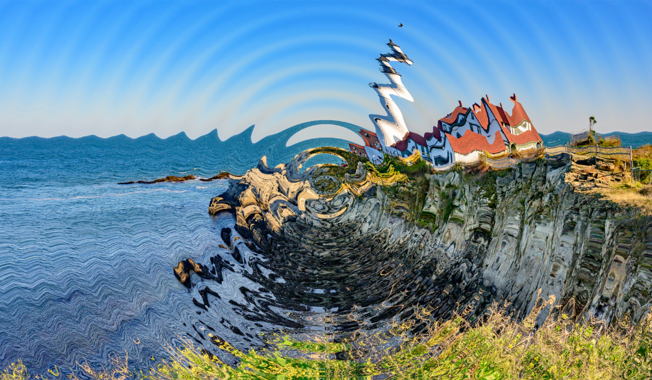 A warped view of a lighthouse on a cliff