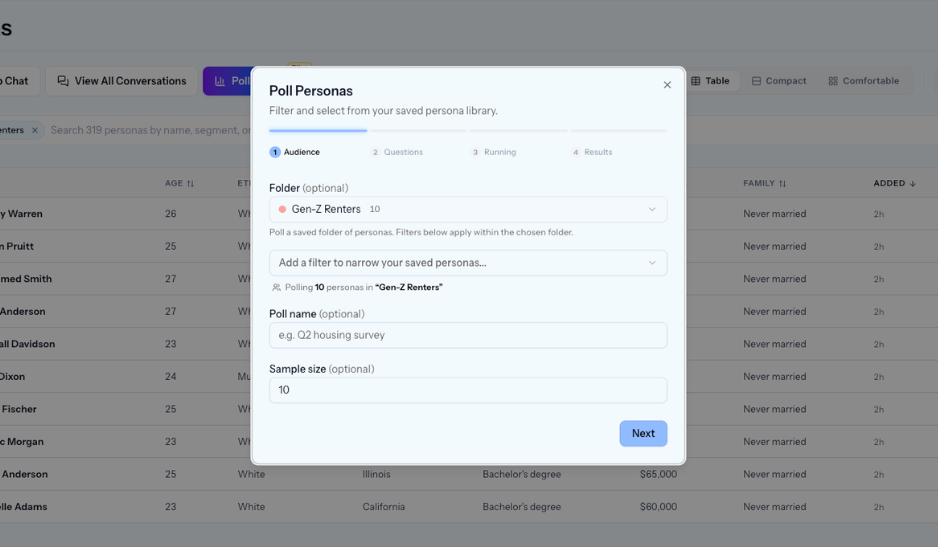 Poll your AI personas by audience in Cambium AI