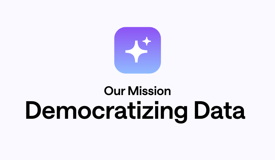 A star icon on a blue and purple gradient background with the headline text 'Our Mission, Democratizing Data'
