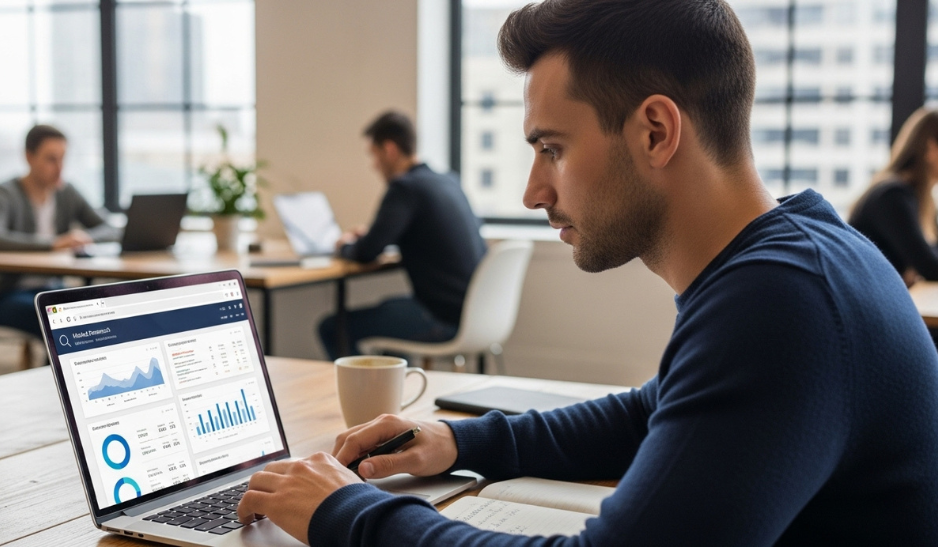 Young male conducting online market research from a co-working space