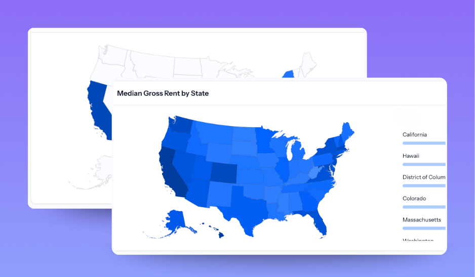 Two maps of the US - heat maps that display rental burden