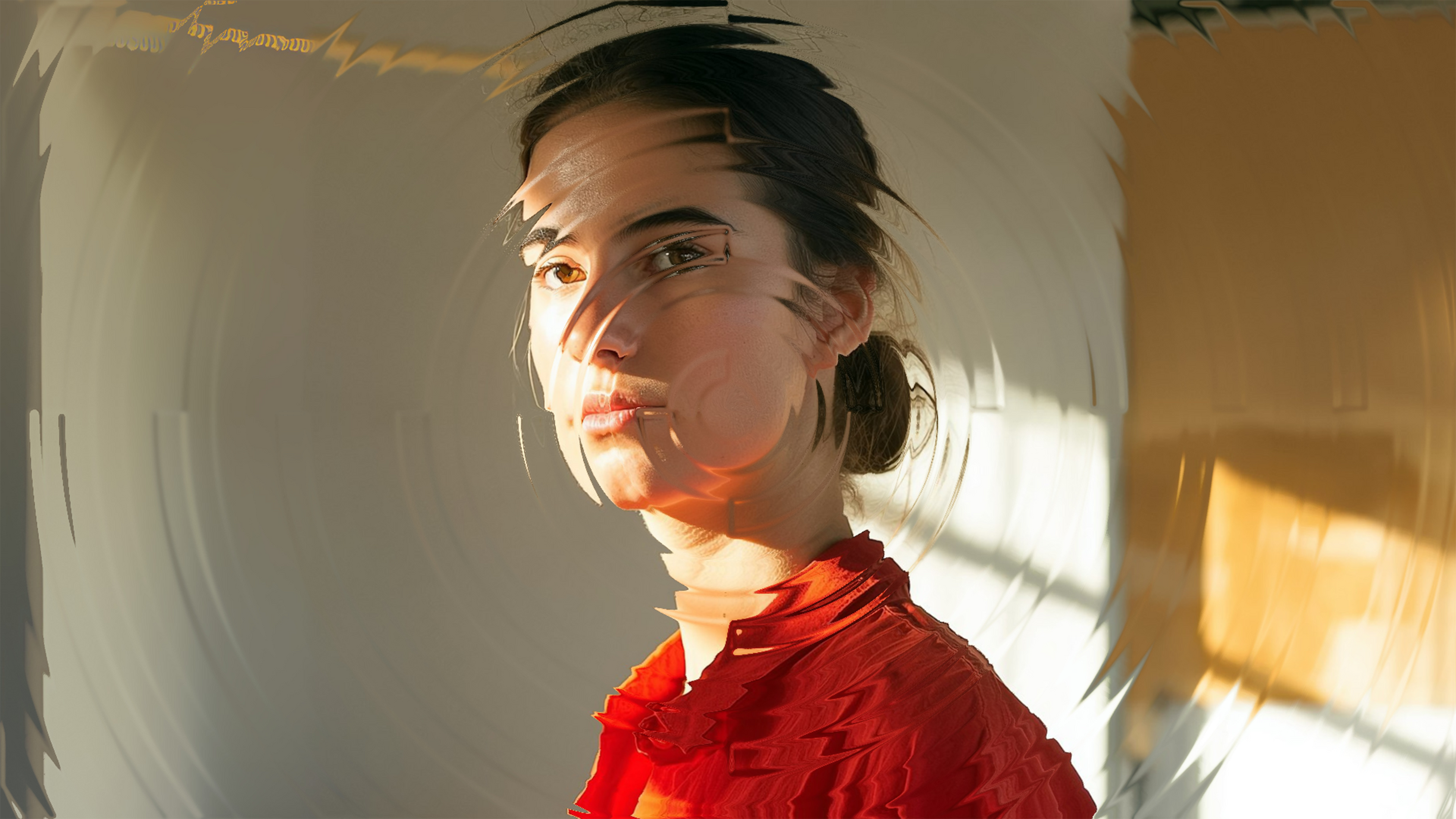 A woman wearing a red top with a warped effect overlay